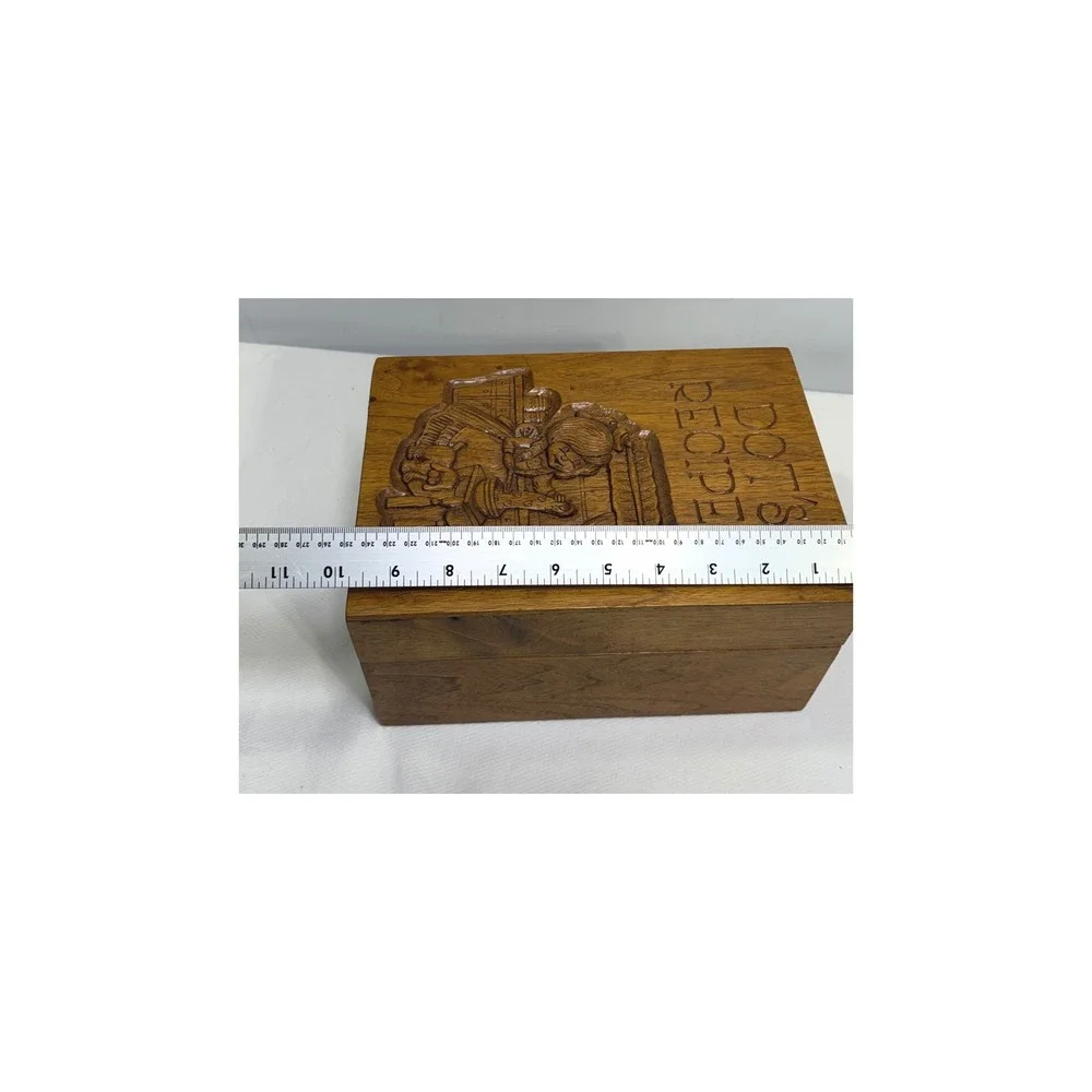 Vintage Hand Carved Wooden Recipe Box Dots Recipes Rustic Kitchen Decor Brown